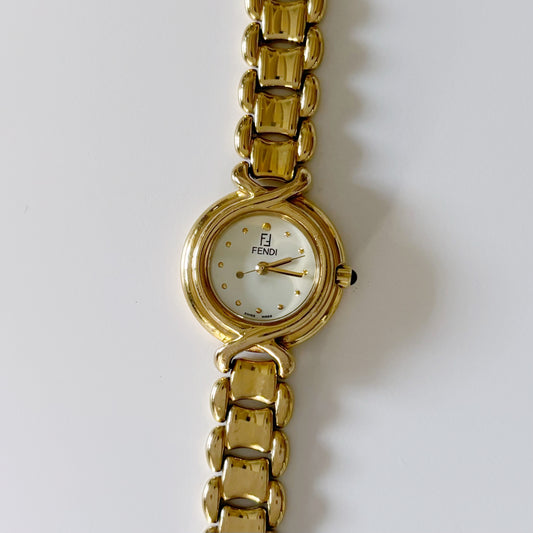 Fendi 1990s Seashell Dial Gold Plated Round Watch