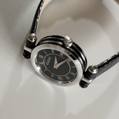 Gucci 1990s Black Round Dial Silver Watch