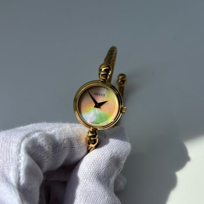 Gucci 1990s Seashell Dial Gold Plated Cable Bangle Watch