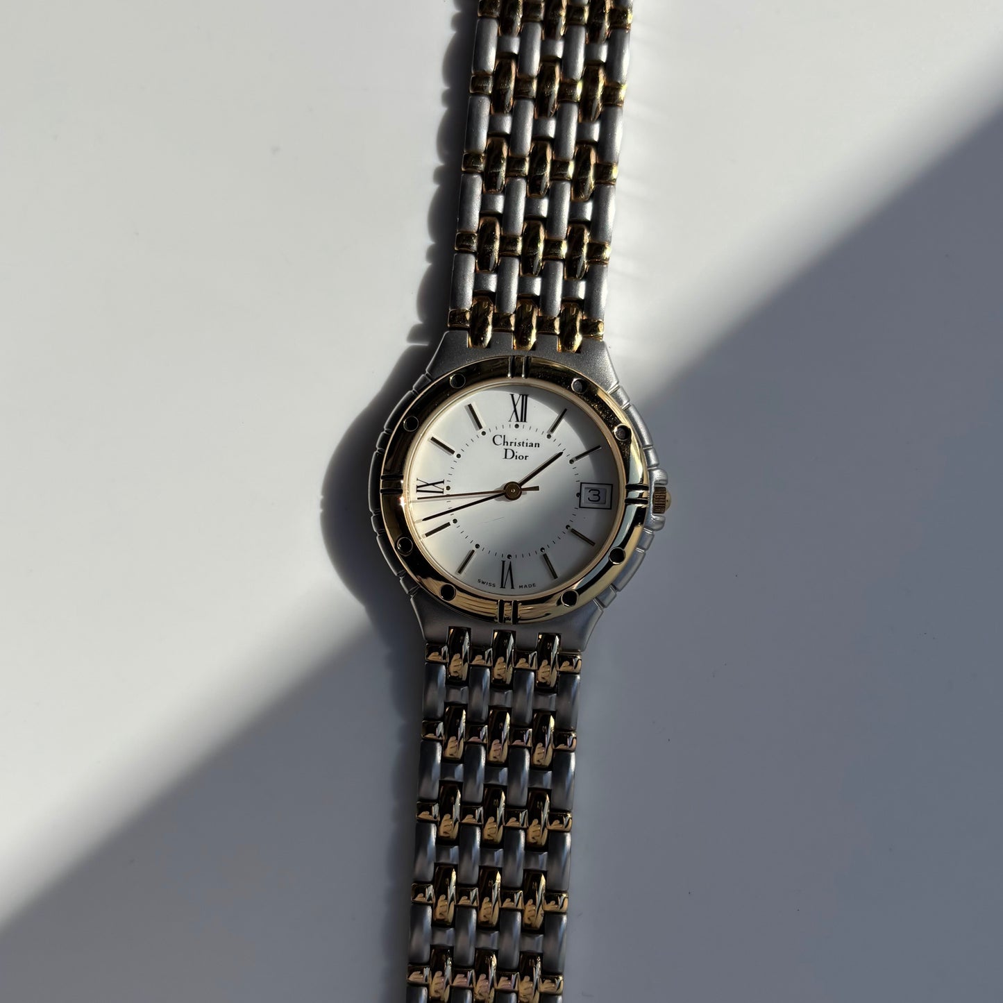 Dior 1990s Date Round Dial Gold Plated Two Tone Watch (Large)