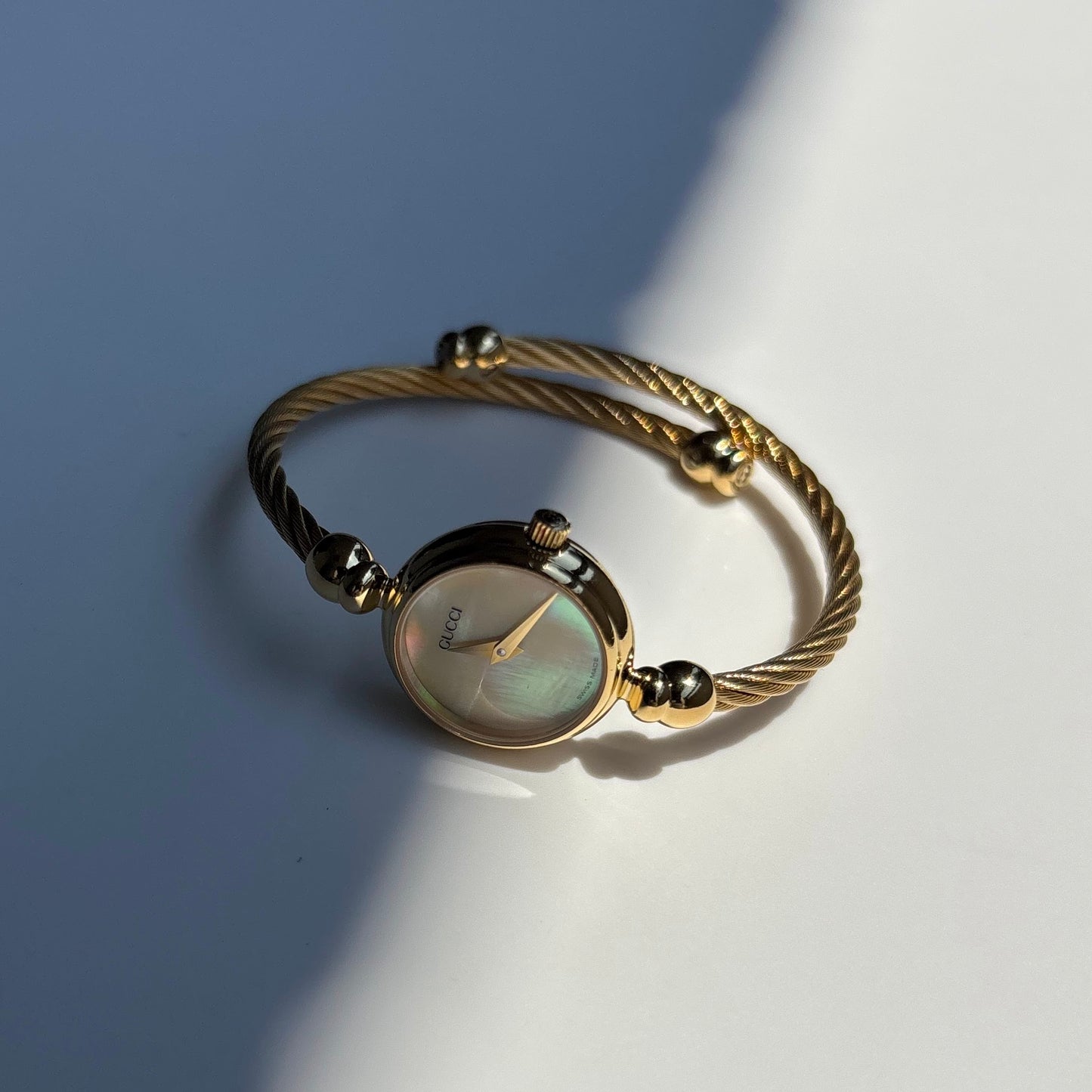 Gucci 1990s Seashell Dial Gold Plated Cable Bangle Watch