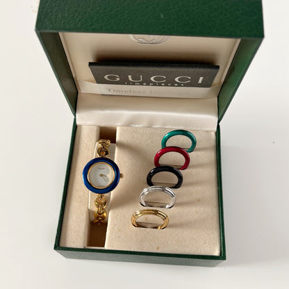 Gucci 1990s Interchangeable Bezel Gold Plated Watch with 6 bezels, case (167mm)