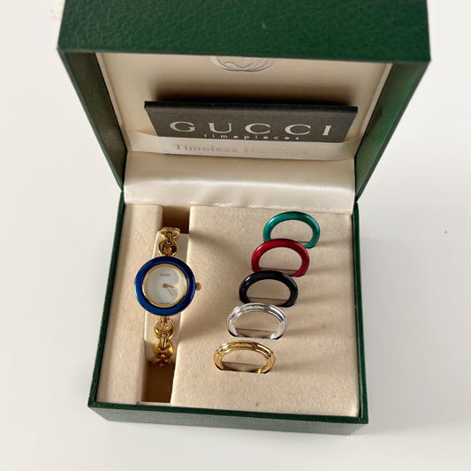 Gucci 1990s Interchangeable Bezel Gold Plated Watch with 6 bezels, case (167mm)