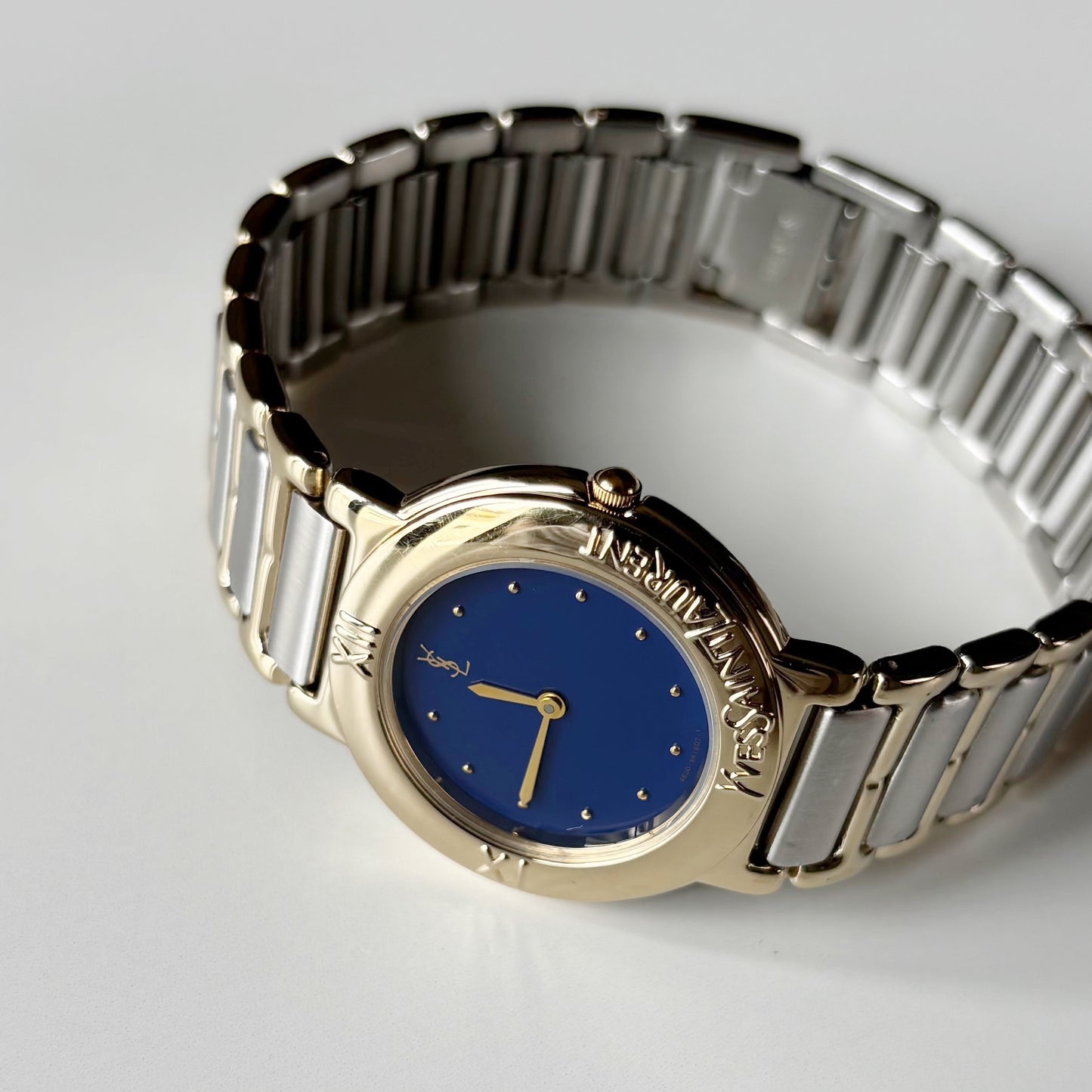 Yves Saint Laurent 1990s Navy Round Dial Two Tone Watch (Large)