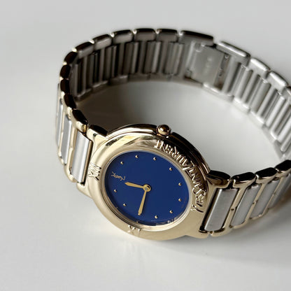Yves Saint Laurent 1990s Navy Round Dial Two Tone Watch (Large)
