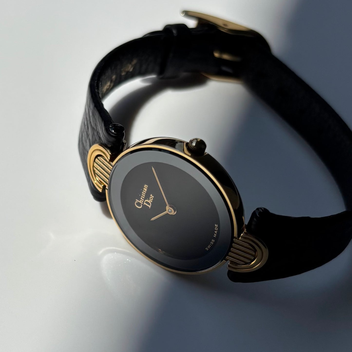 Dior 1990s Black Round Dial Gold Plated Watch
