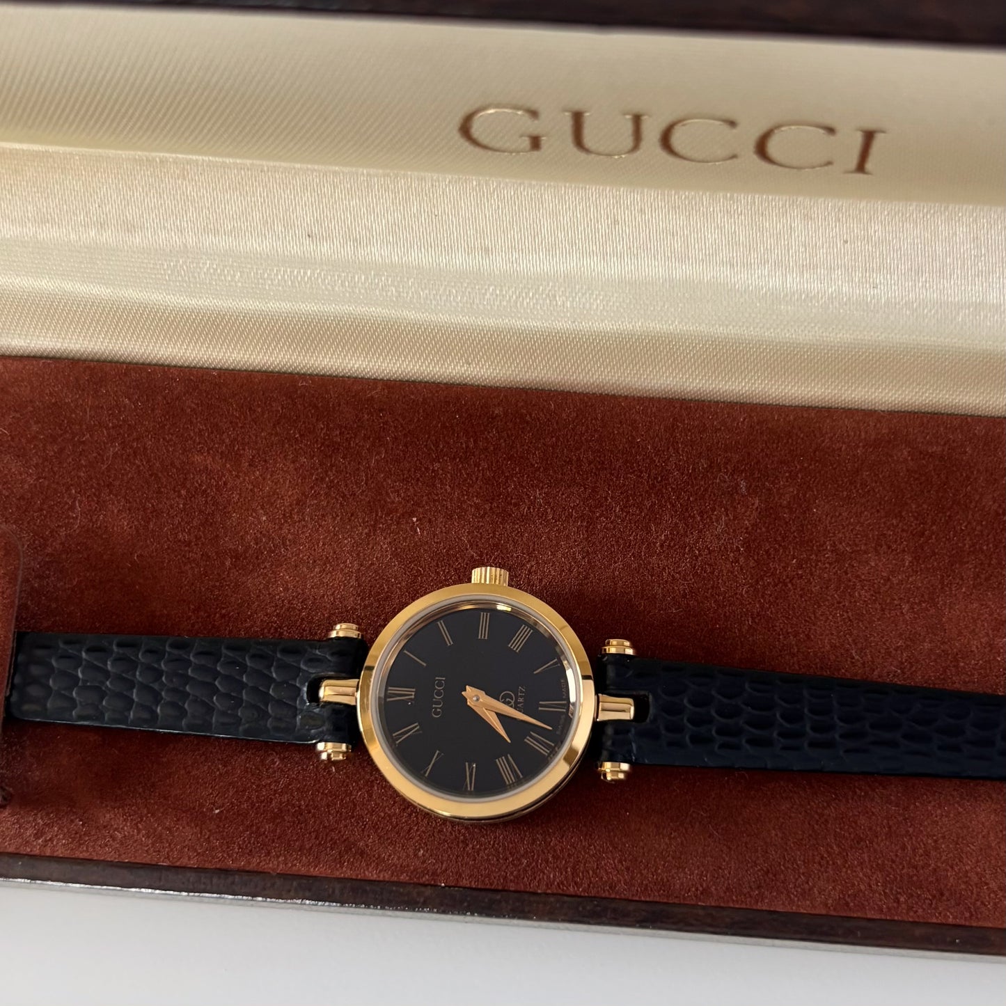 Gucci 1980s Black Round Dial Gold Plated Watch
