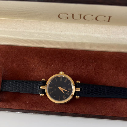 Gucci 1980s Black Round Dial Gold Plated Watch
