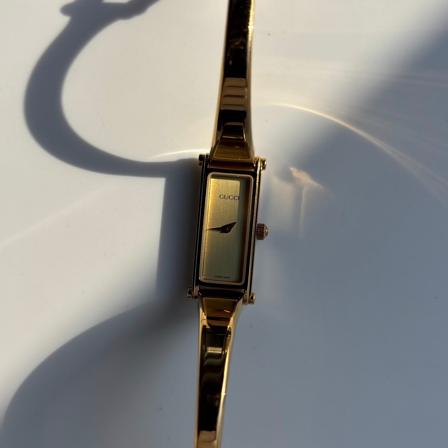 Gucci 1990s Gold Dial Rectangular Gold Plated Bangle Watch