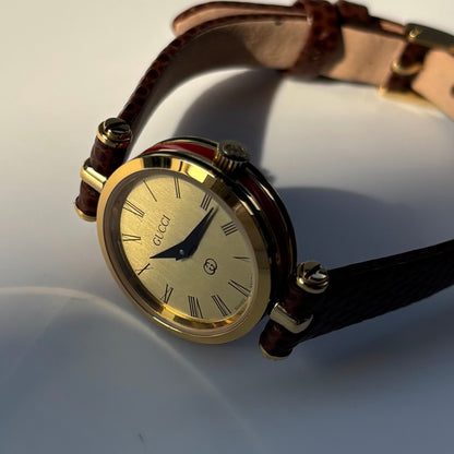 Gucci 1990s Round Gold Dial Gold Plated Watch