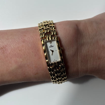 Fendi 1990s Rectangular White Dial Gold Plated Watch