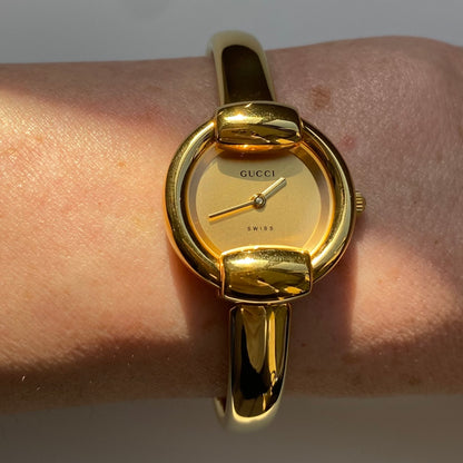 Gucci 1990s Gold Dial Gold Plated Bangle Watch