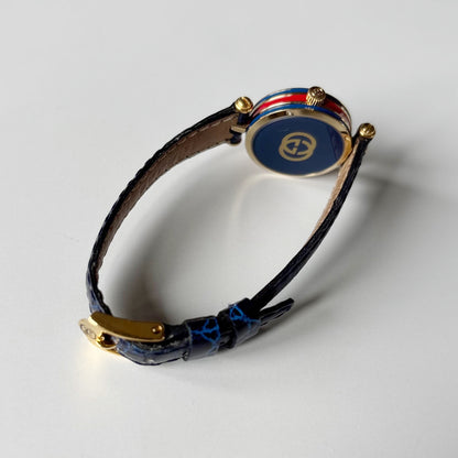 Gucci 1990s Round Dial Blue Gold Plated Watch
