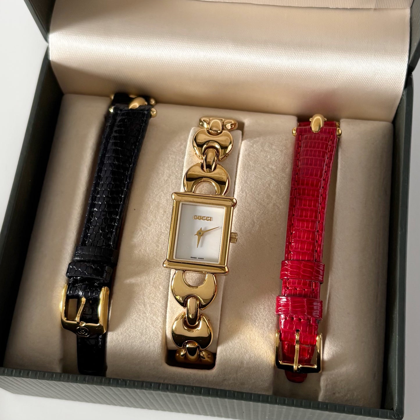 Gucci 1990s Interchangeable Strap Gold Plated Watch with 3 straps, case