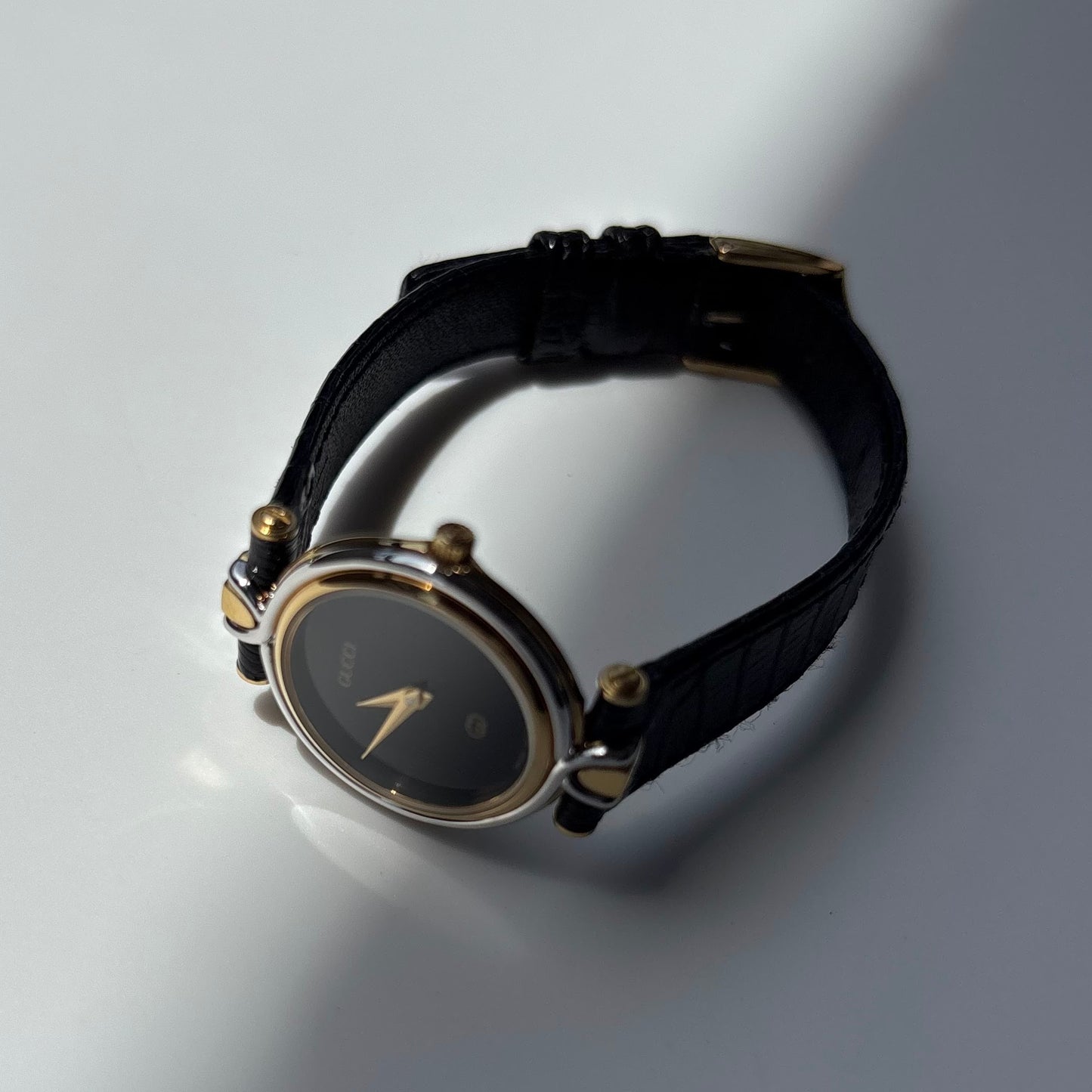 Gucci 1980s Black Round Dial Two Tone Watch