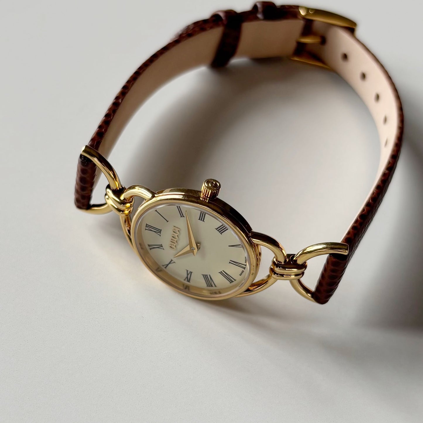 Gucci 1990s Round Dial Horsebit Gold Plated Watch