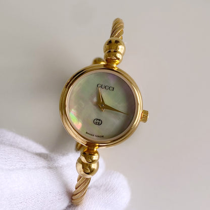 Gucci 1990s Seashell Dial Gold Plated Cable Bangle Watch