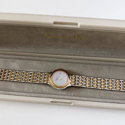 Dior 1990s Date Round Two Tone Watch