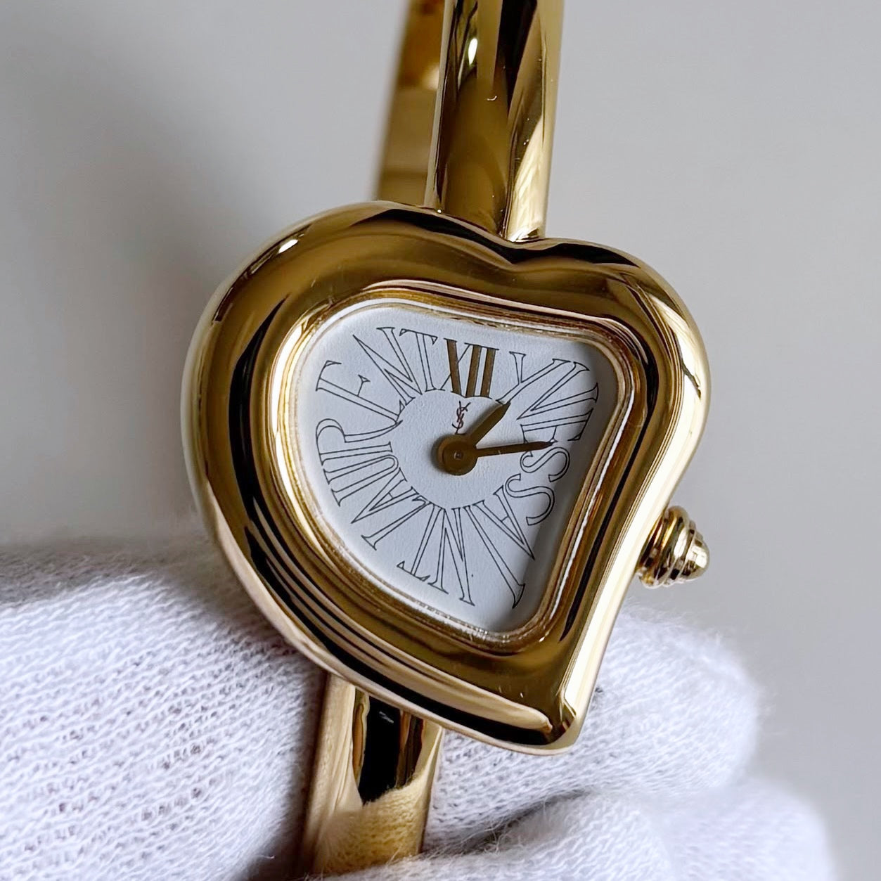 Yves Saint Laurent 1990s Heart Shaped Dial Gold Plated Bangle Watch
