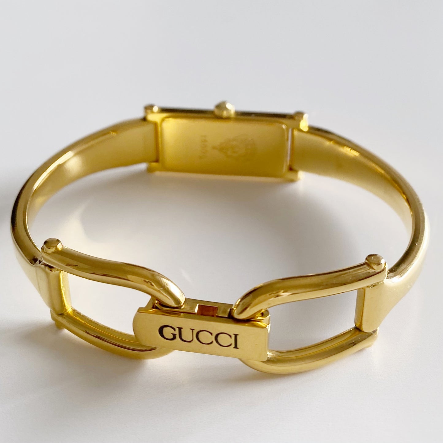 Gucci 1990s Gold Dial Rectangular  Gold Plated Bangle Watch