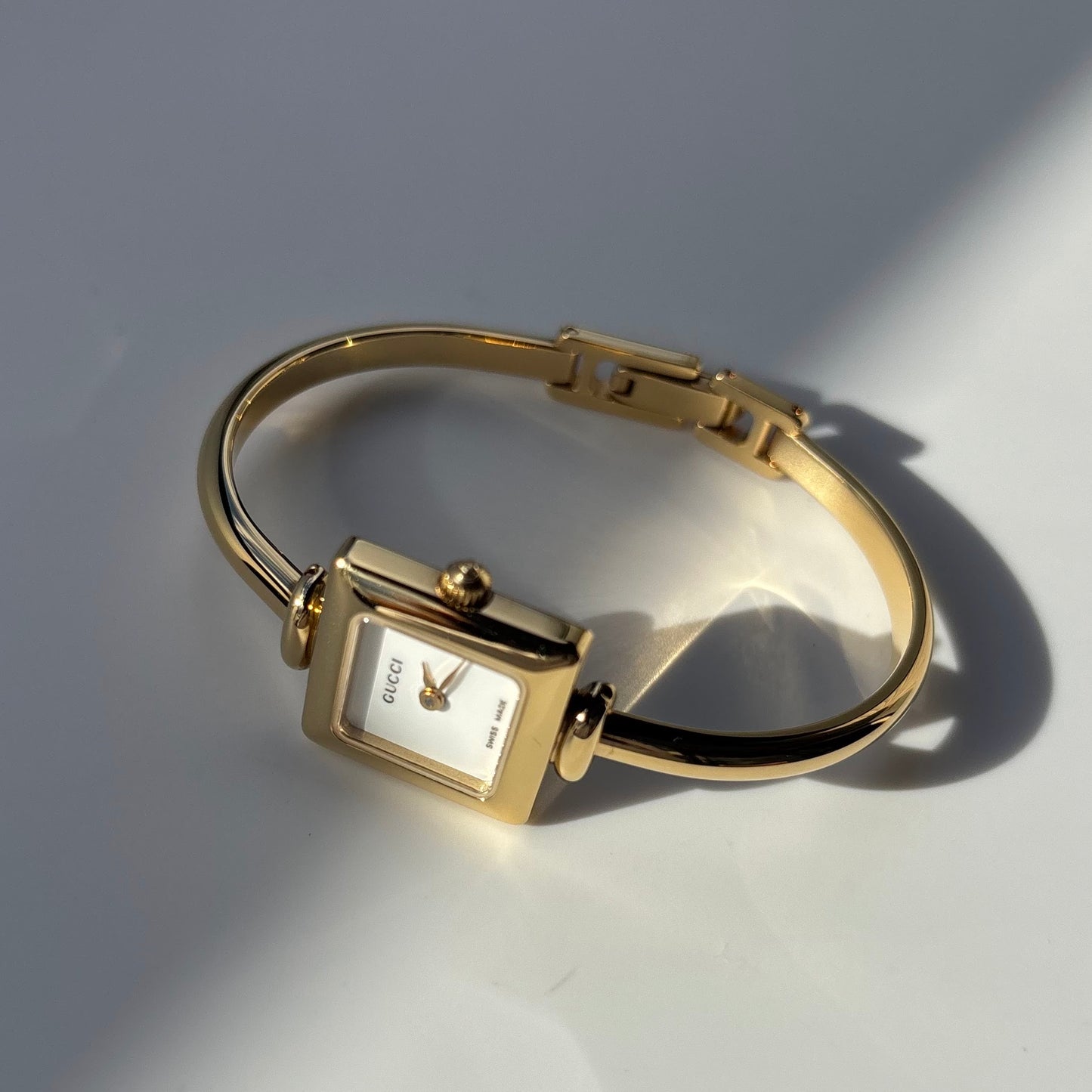 Gucci 1990s Square Dial Gold Plated Bangle Watch