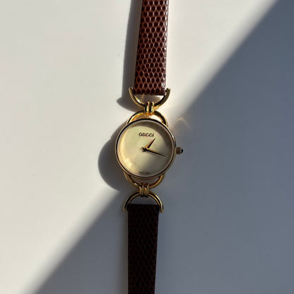 Gucci 1990s Seashell Dial Gold Plated Horsebit Watch