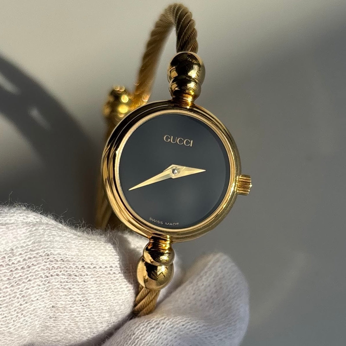 Gucci 1990s Black Dial Gold Plated Cable Bangle Watch
