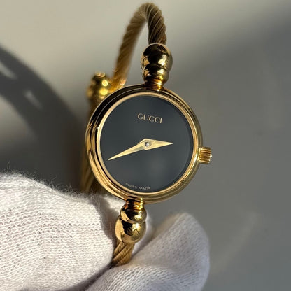 Gucci 1990s Black Dial Gold Plated Cable Bangle Watch