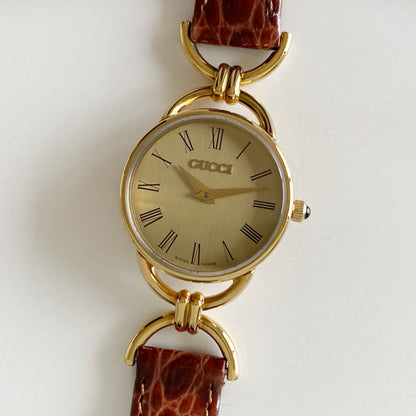 Gucci 1990s Gold Plated Round Dial Horsebit Watch