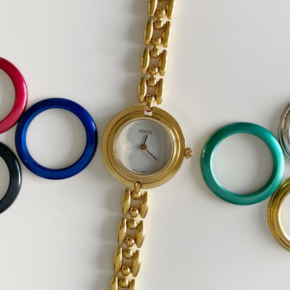 Gucci 1990s Interchangeable Bezel Gold Plated Watch with 6 bezels, case (160mm)