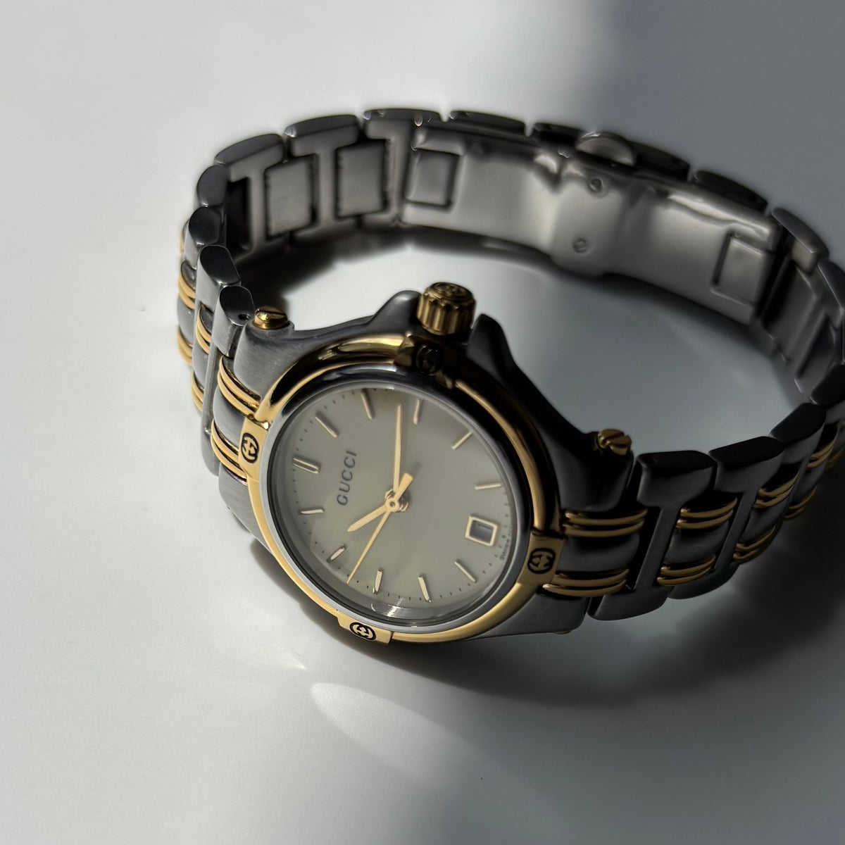 Gucci 1990s Date Round Dial Two Tone Gold Plated Watch