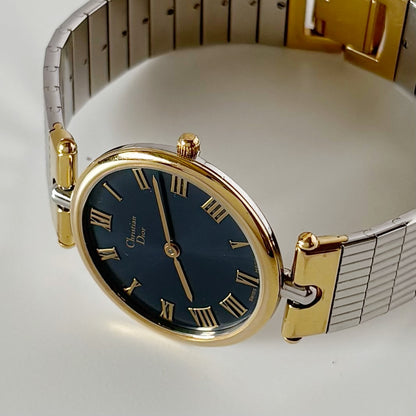 Dior 1990s Navy Dial Gold Plated Two Tone Watch (Large)