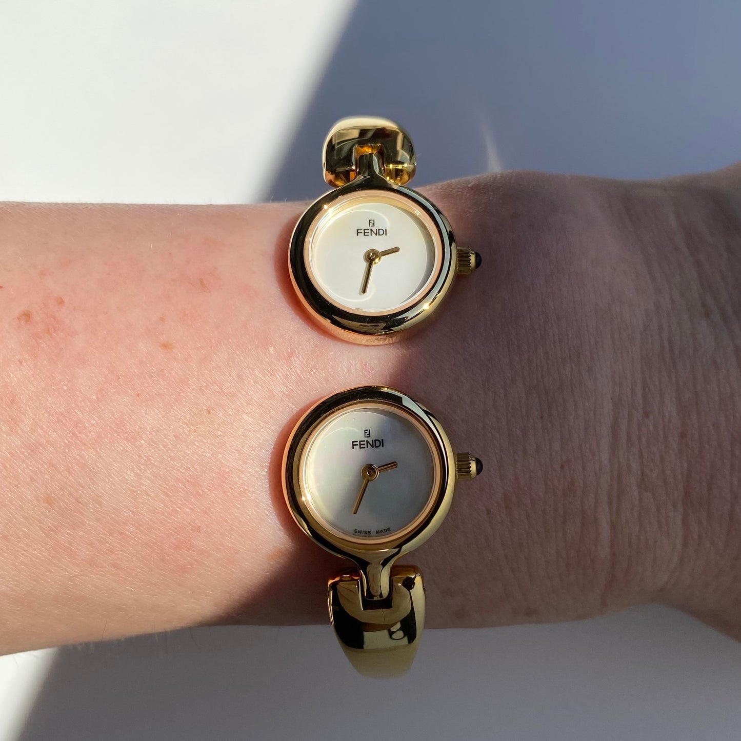Fendi 1990s Seashell Dial Two Time Zone Gold Plated Bangle Watch