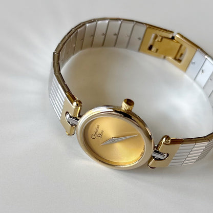 Dior 1990s Gold Round Dial Two Tone Gold Plated Watch