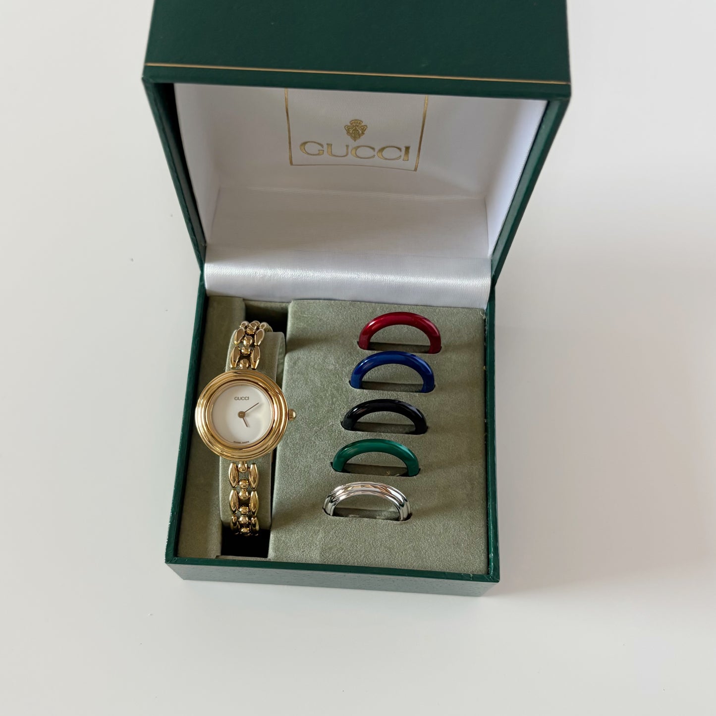 Gucci 1990s Interchangeable Bezel Gold Plated Rice Chain Watch with 6 bezels, case (160mm)