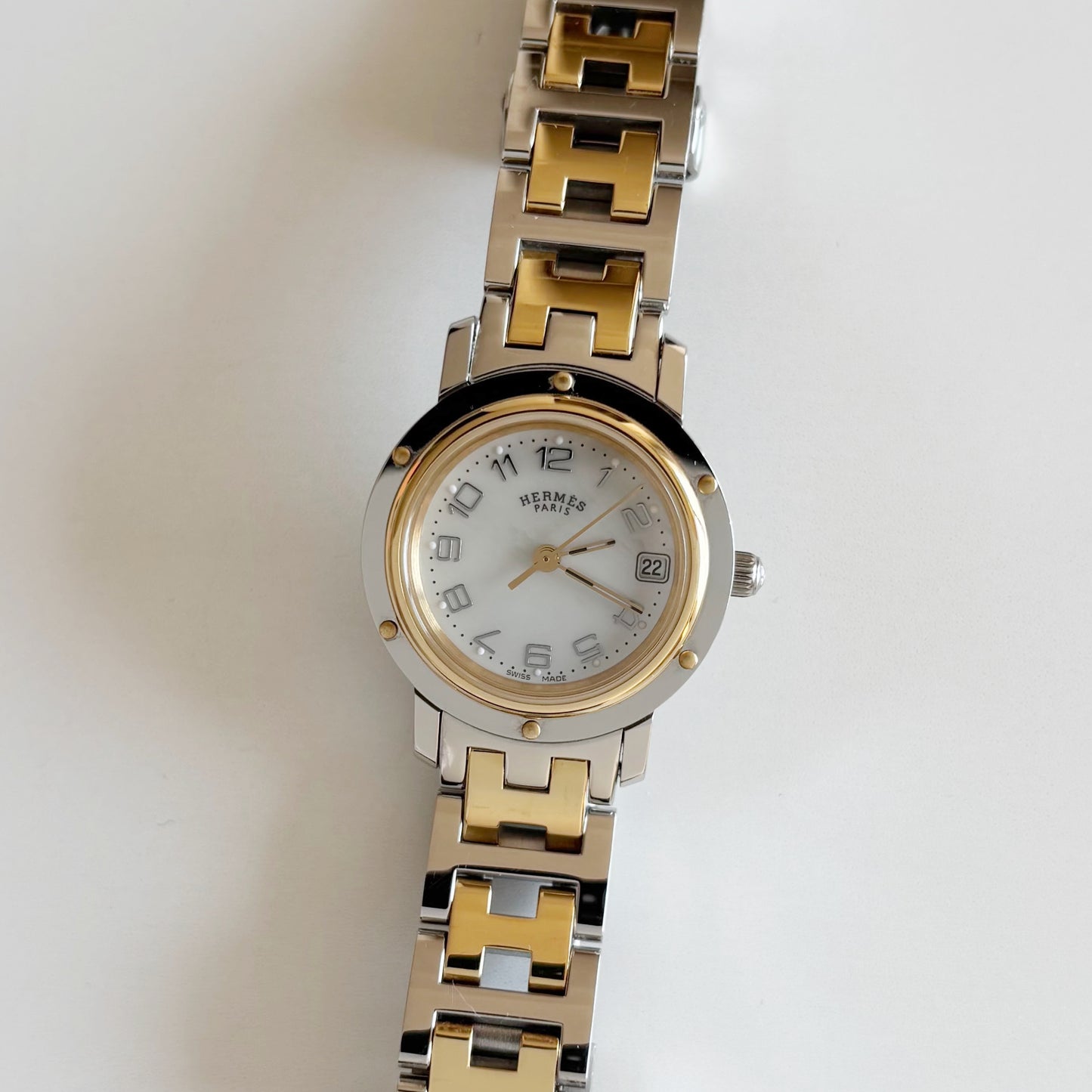 Hermes Early 2000s Clipper Seashell Dial Gold Plated Two Tone Watch