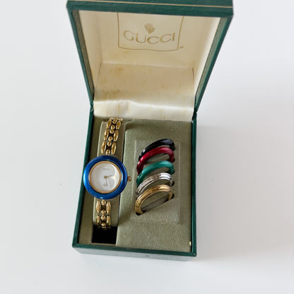 Gucci 1990s Interchangeable Bezel Gold Plated Watch with 6 bezels, case (167mm)