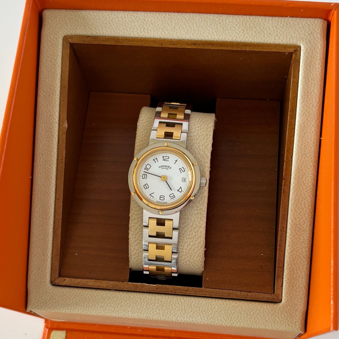 Hermes 1990s Clipper Date Round Dial Two Tone Watch