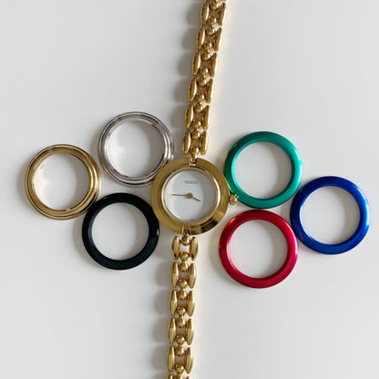 Gucci 1990s Interchangeable Bezel Gold Plated Watch with 6 bezels, case (170mm)