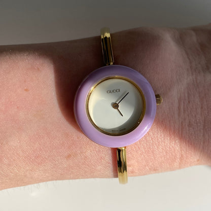 Gucci 1990s Interchangeable Bezel Gold Plated Bangle Watch with 12 bezels, case