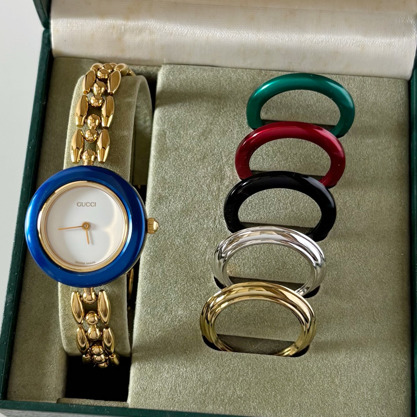Gucci 1990s Interchangeable Bezel Gold Plated Rice Chain Watch with 6 bezels, case (172mm)