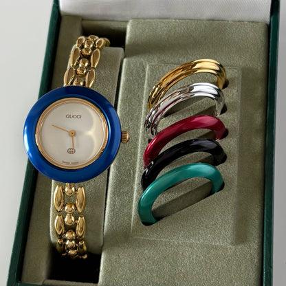 Gucci Interchangeable Bezel Gold Plated Rice Chain Watch with 6 bezels, case (168mm)