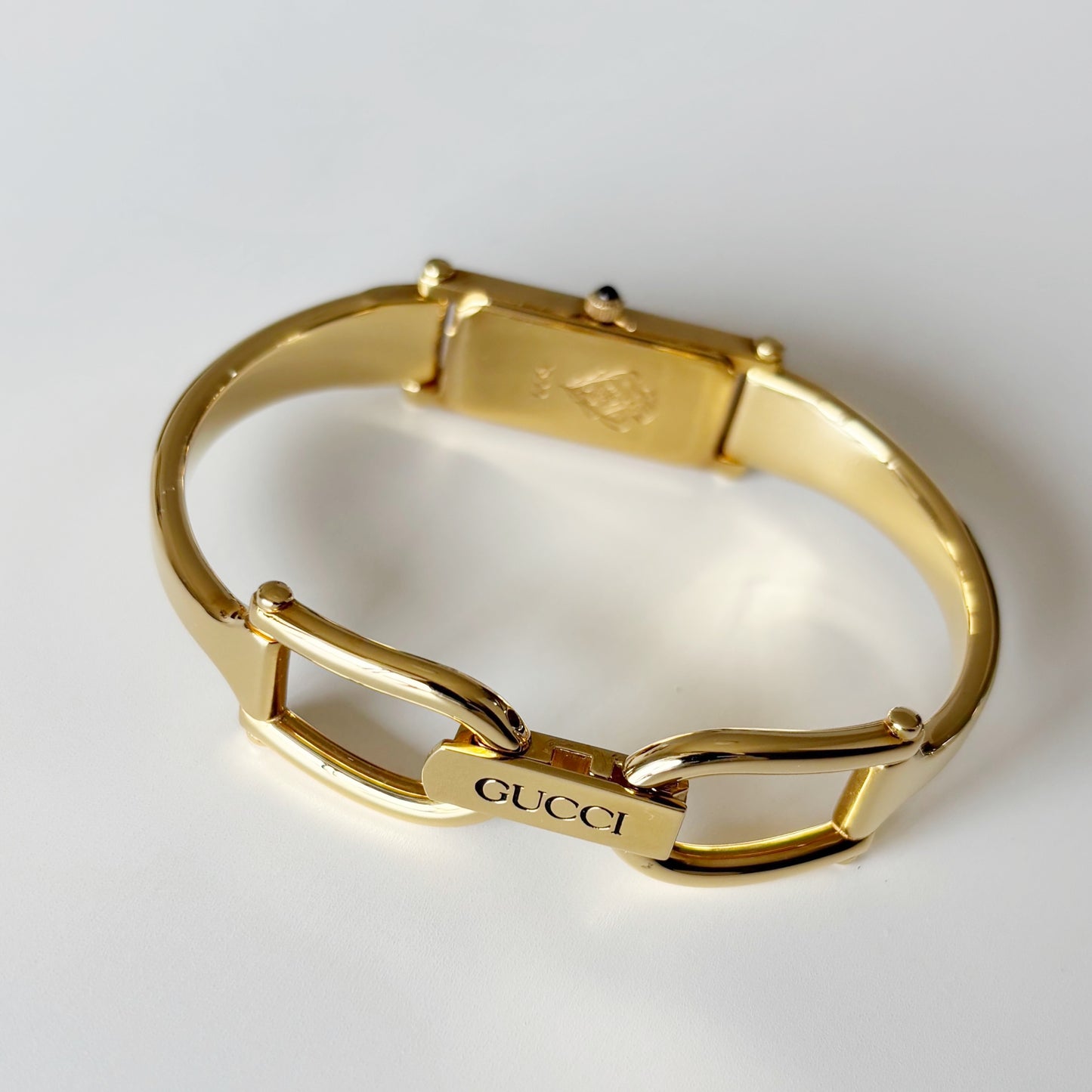 Gucci 1990s Rectangular Black Dial Gold Plated Bangle Watch