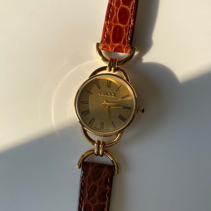 Gucci 1990s Gold Plated Round Dial Horsebit Watch