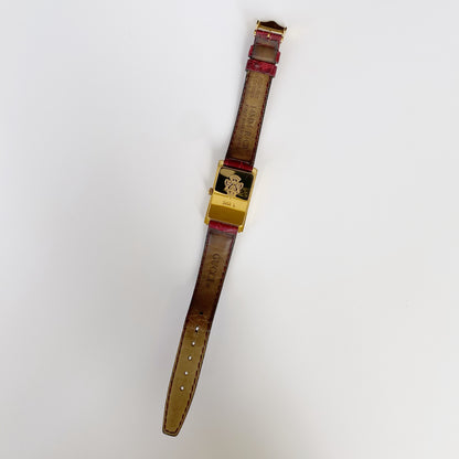 Gucci 1990s Gold Plated Rectangular Red Leather Watch