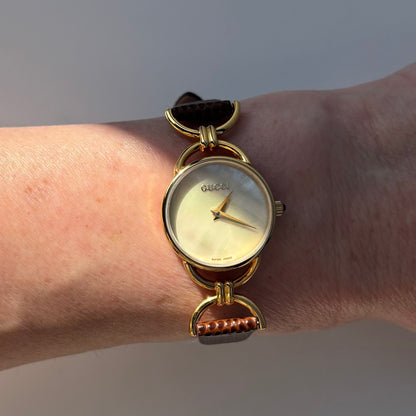 Gucci 1990s Seashell Dial Gold Plated Horsebit Watch