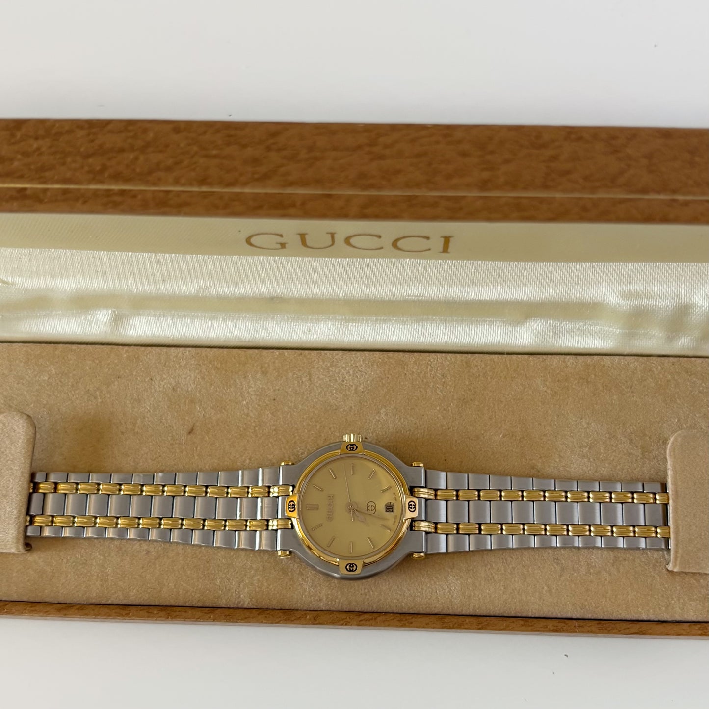 Gucci 1990s Date Round Dial Two Tone Gold Plated Watch