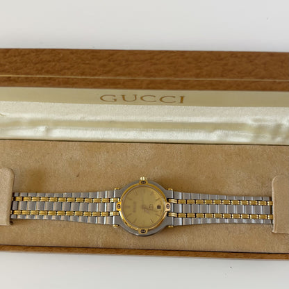 Gucci 1990s Date Round Dial Two Tone Gold Plated Watch