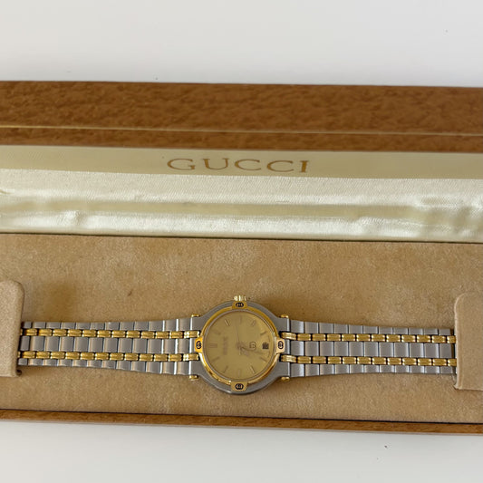 Gucci 1990s Date Round Dial Two Tone Gold Plated Watch