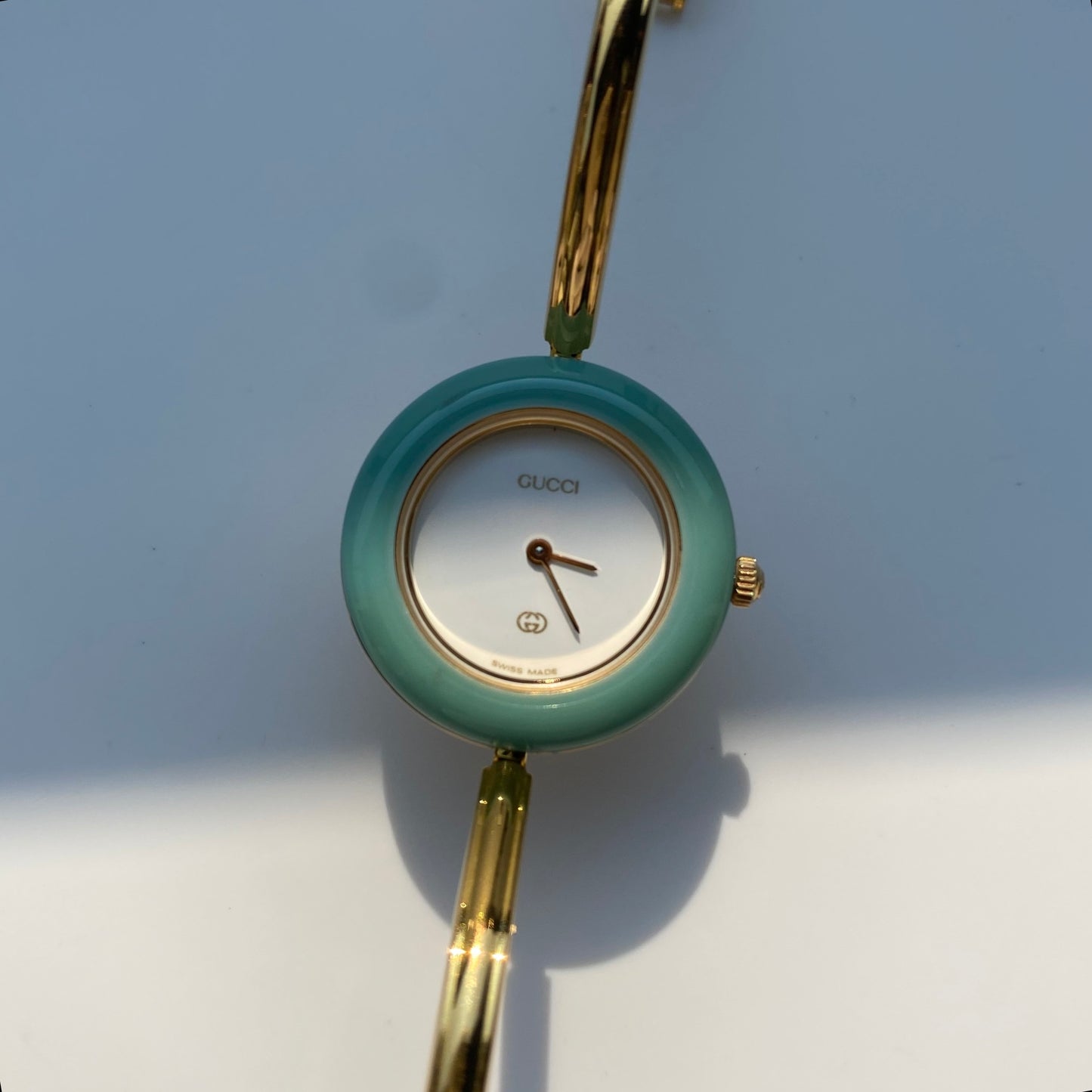 Gucci 1990s Interchangeable Bezel Gold Plated Bangle Watch with 12 bezels, case